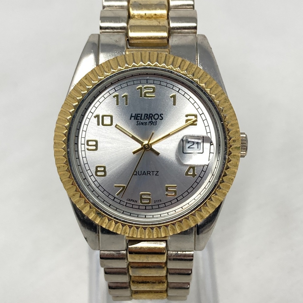 Helbros Mens Watch 36mm Gold Silver Two Tone Date Bubble New Battery 8"